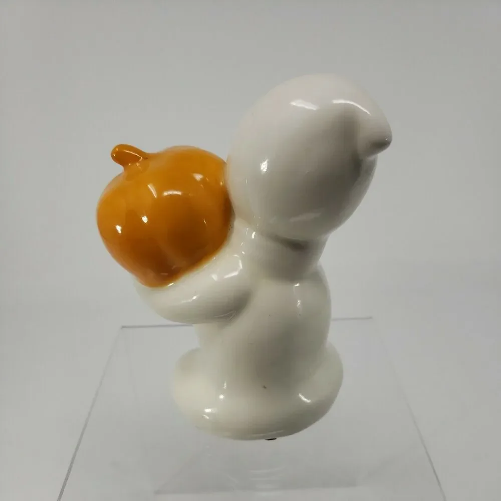 Halloween Ghost Holding Jack O'Lantern Pumpkin Ceramic  VTG Figurine Iowa USA